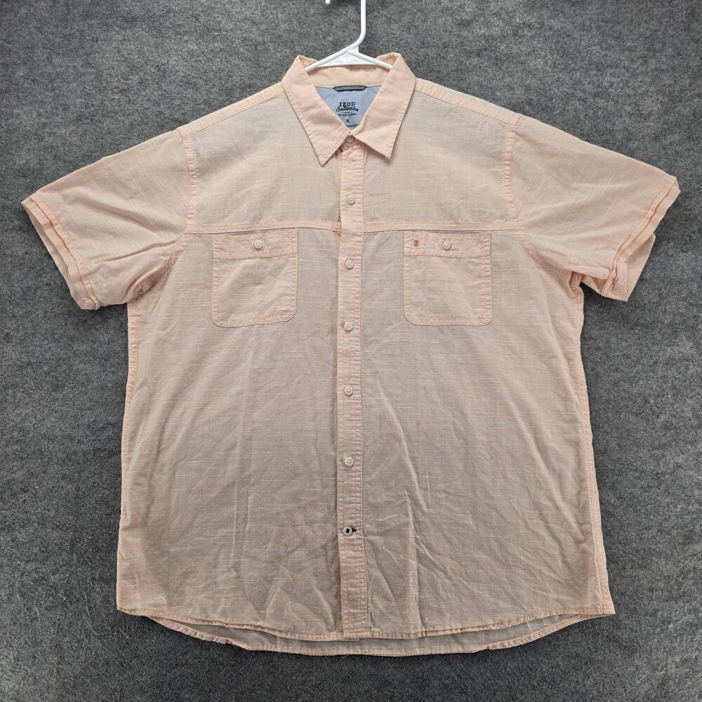 Izod Saltwater Shirt Mens XL Peach Orange Stripe Short Sleeve Button Up Casual